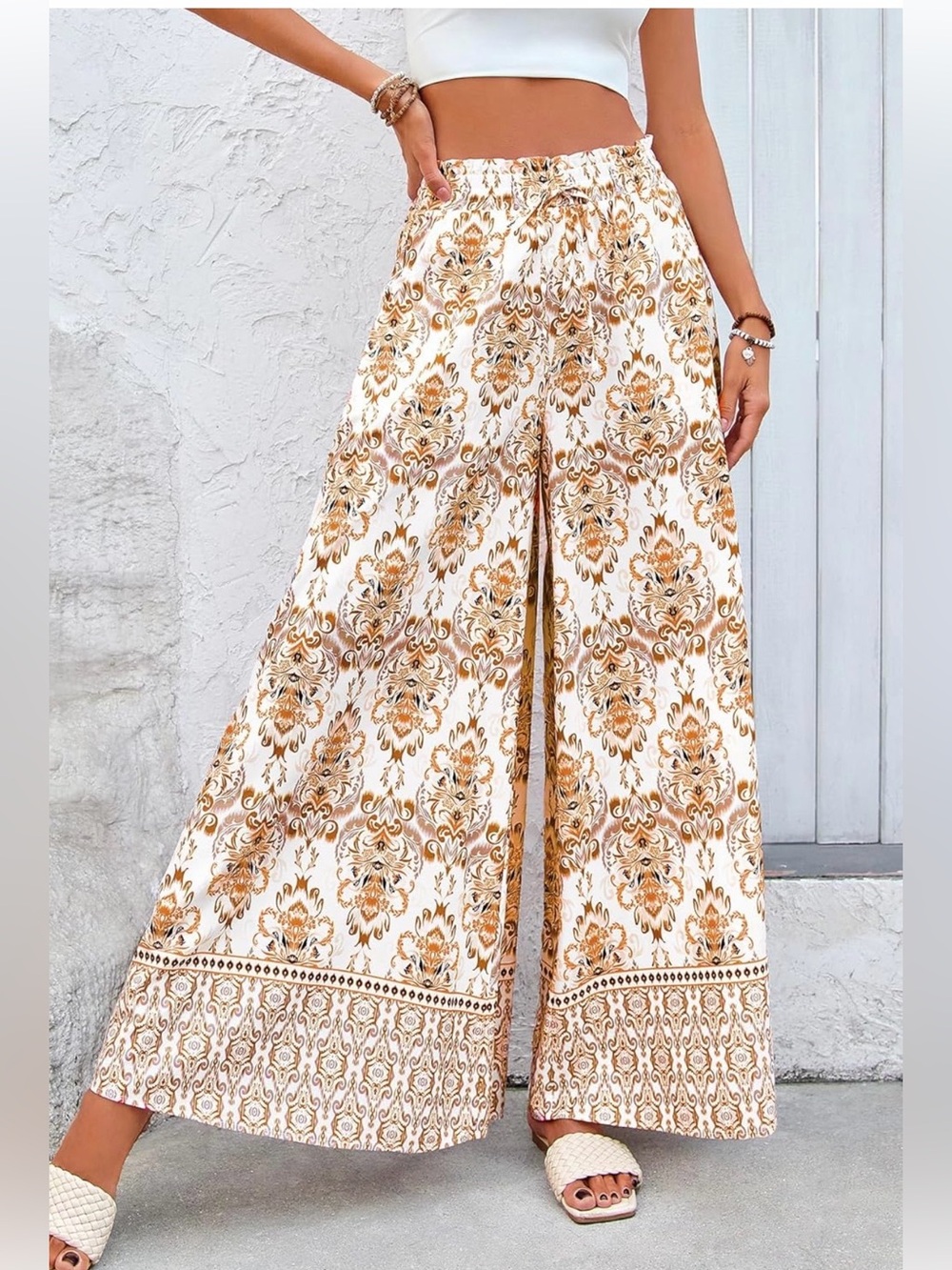 Wide-Leg Bohemian Palazzo Pants in Orange Floral - Picture 2 of 8